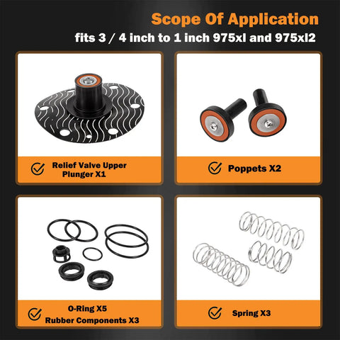 Components of 3/4 To 1 Inch Backflow Repair Kit For 975XL 975XL2 Replacement including relief valve, poppets, O-rings, and springs