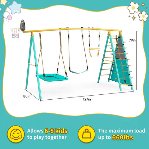 Heavy Duty Backyard Swing Set For Kids With 2 Swings, Climbing Ladder And Nets, Trapeze Bar, Soccer Goals And Basketball Hoop, Up To 660 Lbs, 7 In 1 Outdoor Playset For Ages 3 To 12, Built Tough Metal Frame