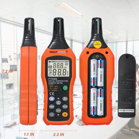 Front and back view of Digital Temp And Humidity Meter With Ambient Dew Point And Wet Bulb, PT6508, showing buttons and battery compartment.