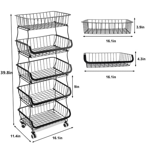 Five Tier Built Tough Metal Wire Rolling Cart Stackable Produce Basket With Smooth Gliding Casters Rust Resistant Black Finish Maximum Airflow Holds Up To 180 Pounds Quick Swap Trays For Kitchen Pantry Closet
