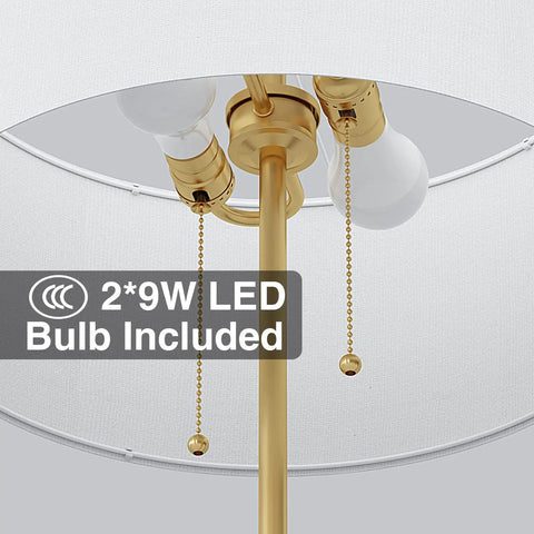 Inside view of Two Light Floor Lamp With White Fabric Shade, showing 9W bulbs and pull chains under fabric shade