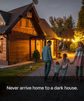Family approaching a warmly lit home at dusk using Decora Smart Switch Wi Fi 2nd Gen With Matter, Neutral Wire Required
