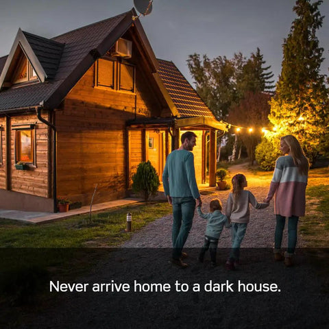 Family approaching a warmly lit home at dusk using Decora Smart Switch Wi Fi 2nd Gen With Matter, Neutral Wire Required