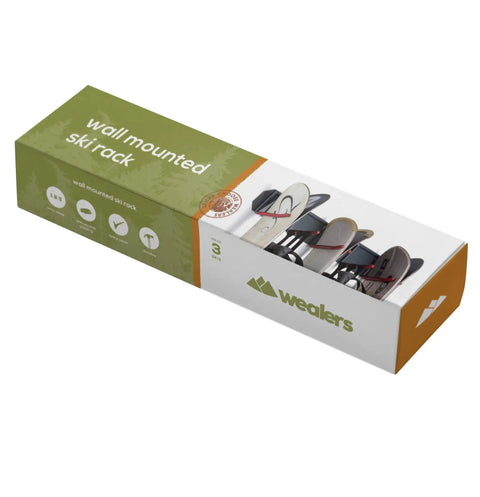 Packaging of Heavy Duty Wall Mounted Ski And Gear Rack For Garage Storage with ski set and snowboard illustrations.
