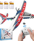 Totally Beginner Friendly RC Plane With 6 Axis Gyro Stabilizer For Smooth Flight Ready To Fly 2 Channel Glider Toy With Three Batteries Great For Kids Teens And Adults shown in red and blue design with remote and packaging.