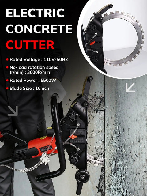Pro Level 16 Inch Electric Concrete Ring Saw Puts Out Heavy Torque On 110 Volts with a 5500W motor and diamond blade cutting through concrete.