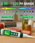 All In One PH Meter for Foodie Kitchens and Home Use with ATC and Backlit Display measuring pH near food items