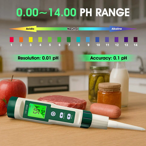 All In One PH Meter for Foodie Kitchens and Home Use with ATC and Backlit Display measuring pH near food items