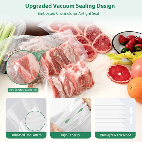 Heavy Duty Vacuum Sealer Bags Rolls Set For Food Storage Commercial Grade 6 Pack embossed seal with food inside.