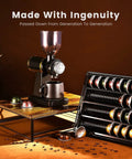 Wood And Iron Coffee Pod Holder Organizer For Drawer next to coffee grinder, holds 40 large or 52 small capsules, sturdy display
