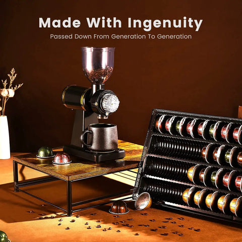 Wood And Iron Coffee Pod Holder Organizer For Drawer next to coffee grinder, holds 40 large or 52 small capsules, sturdy display