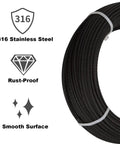 One Eighth Inch Stainless Steel Wire Rope For Cable Railing Hardware Kit In Black T316 Marine Grade 7x7 Strands Construction 200 Foot Length Rustproof Outdoor Deck Railing Cable Built To Last Tough As Nails, coiled rope with T316, rust-proof, and smooth surface icons