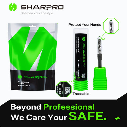 SHARPRO router bit with 1/4-inch shank; spiral upcut carbide bit in green packaging