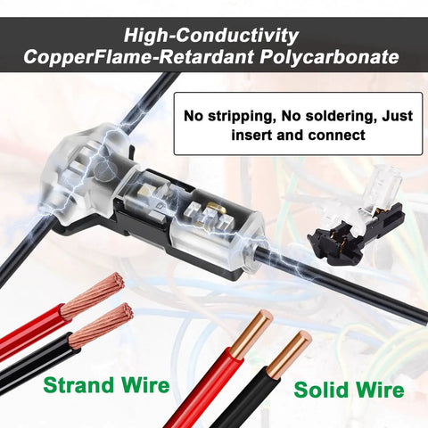 Wire Splice Connectors For 18-22 AWG Wires With T Tap Style 3 Way 1 Pin Solderless Low Voltage Connectors shown unused