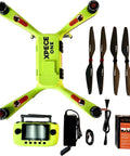 Waterproof Fishing Drone With 7 Pound Bait Release And 4K Camera Just Fly No App Needed Auto Return To Home Voice Alerts Live Video On A Super Bright Monitor 3 Easy Flight Modes FAA Remote ID Ready, shown with components including propellers and remote control.