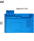Heat Resistant Silicone Repair Mat With Built In Scale Ruler And Screw Positioning For Soldering Iron Phone And Computer Repair Size 17.7 By 11.8 Inches 124 Screw Holes 3 Covered Storage Pockets Keeps Workbench Safe From Heat, showing blue mat with storage pockets and scale ruler, size displayed.