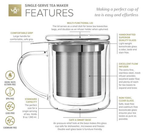 Straight Up Quality Double Walled Glass Tea Cup With Stainless Steel Loose Leaf Infuser Basket And Heatproof Borosilicate Design Solid Eight Ounce Brewing Mug For Every Sip with removable infuser and handle.