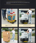 Heavy Duty Folding Platform Hand Truck With 6 Wheels Trolley Cart And Stretchable Handle For Home And Office Use Yellow, Anti Slip Chassis, Telescopic Design, Foldable, Space Saving All Purpose Cargo Carrier, steel, 35.8x58x98 cm