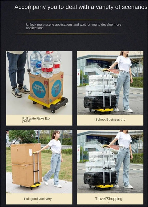 Heavy Duty Folding Platform Hand Truck With 6 Wheels Trolley Cart And Stretchable Handle For Home And Office Use Yellow, Anti Slip Chassis, Telescopic Design, Foldable, Space Saving All Purpose Cargo Carrier, steel, 35.8x58x98 cm