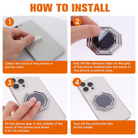 Installation steps for Slick Grip Zinc Alloy Cell Phone Ring Holder With Smooth 360 Rotation Double Fold Finger Kickstand.