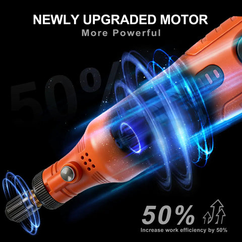 Cordless Mini Rotary Tool Kit With 3.7V Li-ion Battery, variable speed, highlighting upgraded motor and power efficiency