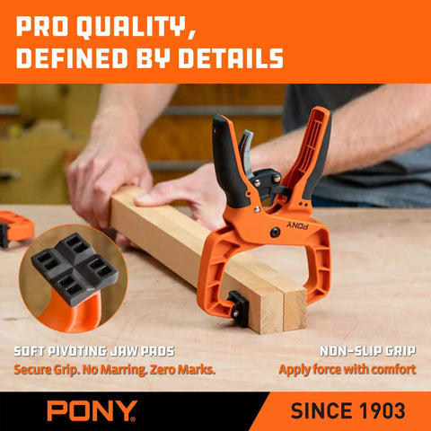 Four Pack Two Inch Quick Release Wood Clamps For Woodworking in use with box joint design and ergonomic handle, sixty pound clamp force