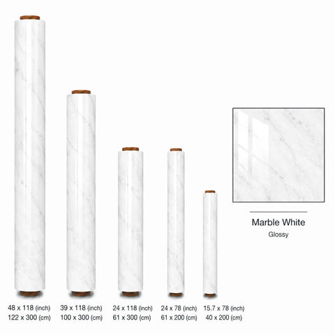 Different sizes of marble look peel and stick contact paper in rolls, including 39 inch by 118 inch white vinyl wallpaper.