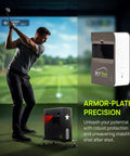 Sturdy Metal Protective Case For Skytrak Golf Launch Monitor With Four Adjustable Feet shown on indoor range with golfer