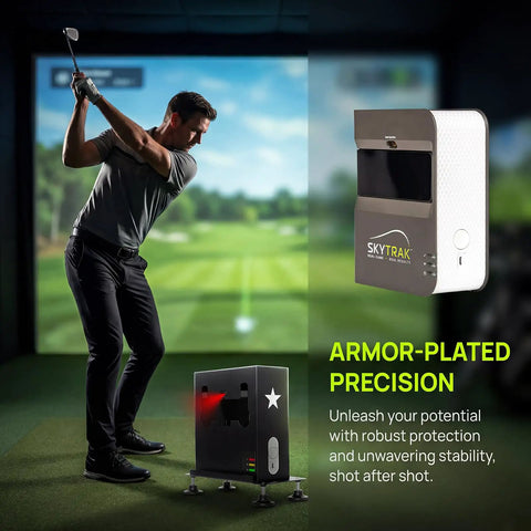Sturdy Metal Protective Case For Skytrak Golf Launch Monitor With Four Adjustable Feet shown on indoor range with golfer