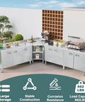 Corner Stainless Steel Prep Table With Cabinet For Work And Storage Heavy Duty Stain Resistant Commercial Kitchen Workstation Outdoor Cabinet With Pull Out Door For Restaurant Hotel Garage And Cafe, L-shaped installation