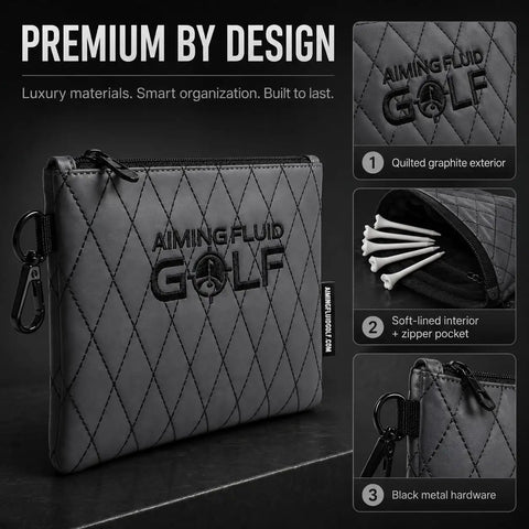 Premium Diamond-Stitched Leather Golf Valuables Pouch With Zippered Utility Bag, featuring a 360 swivel clip and elegant embroidery.