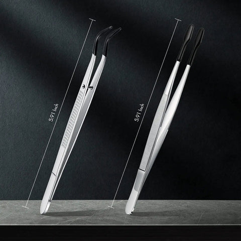 Two Piece Tweezers With Rubber Tips Set Bent And Straight Flat Tips PVC Coated No Mar Non Slip Grips in Silver and Black