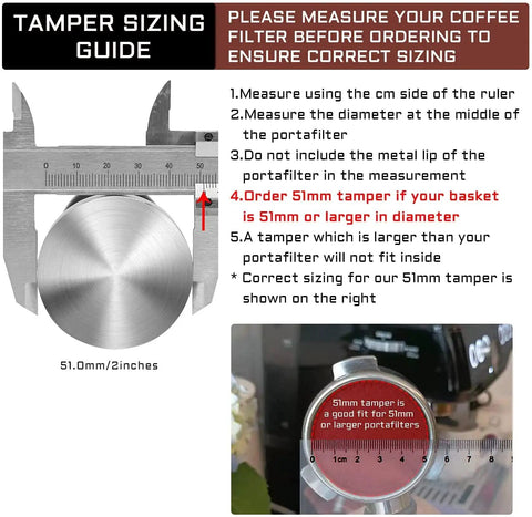 Tamper sizing guide for 51mm Coffee Tamper Set for Portafilter Espresso Machines with measurement instructions and calipers.