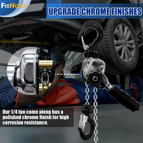 Close-up of Chrome Plated Mini Chain Hoist, 550 Lbs Capacity, One Quarter Ton, 5 Ft Lift in garage; corrosion resistant chrome finish