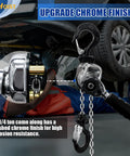 Beefy Chrome Plated Mini Chain Hoist One Quarter Ton 550 Lbs Capacity 10 Ft Lift Manual Lever in auto shop setting