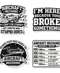 12 Piece Aircraft Mechanic Stickers Pack Dope Aviation Decals For Planes And Maintenance Techs, Toolbox, Laptops, Water Bottles, Helmets And Gear, Funny AMT Humor Hangar Vibes featuring humorous slogans on aircraft maintenance.