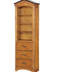 Straight Up Solid Rustic Oak Tree House Bookcase With Hand Brushed Sandy Black Finish And Vintage Wall Clock Mirror Set Crafted For Bedroom Storage That Looks Dang Fantastic featuring open shelves and three drawers.