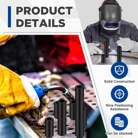 Two Inch Welding Table Fixture Pins Set, Twenty Pcs, Top Diameter One Inch, Bottom Diameter Five Eighths Inch displayed on table.