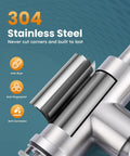 Close-up of 304 stainless steel construction on high arc single handle brushed nickel kitchen faucet, durable and lead-free.