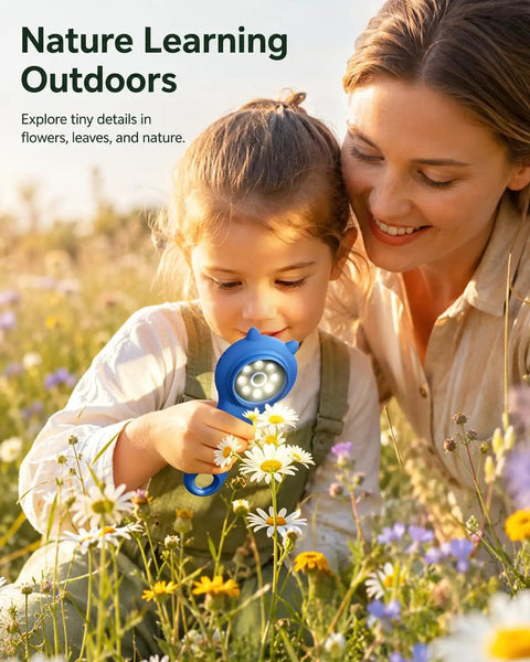 Go-To Pocket Sized Explorer 500X Handheld Digital Microscope For Kids With 2 Inch IPS Screen Portable STEM Toy For Travel Camping And School Projects Ages 5-12 Dark Blue, girl using it in a flower field