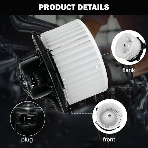 Oem Replacement AC Heater Blower Motor Fan Built Like A Tank For Hyundai Santa Fe Santa Fe Sport 2010 To 2017 And Kia Sorento 2011 To 2015, showing plug and fan detail.