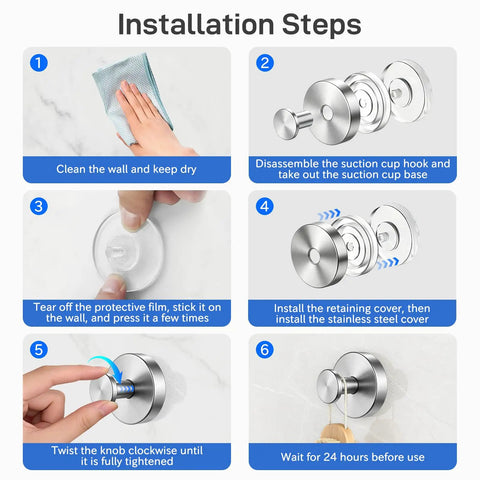 Installation steps for Heavy Duty Black Suction Cup Hooks Two Pack No Drill Bathroom Wall Adhesive Rack with clear instructions.