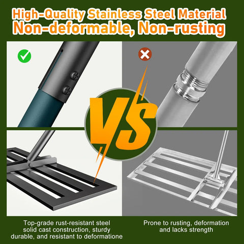 Comparison of rust-resistant and regular steel on Lawn Leveling Rake 30x10 Inch With 78 Inch Adjustable Handle Rust Resistant Steel Yard Tool
