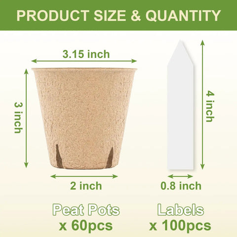 Product size of 60 Pack 3.15 Inch Biodegradable Seed Pots With Drainage Holes Germination Starter Pots Kit Plus 100 Plant Labels.
