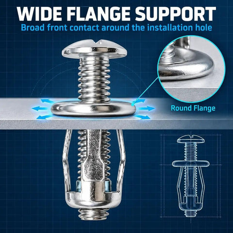 Close-up of a button head locking nut showing wide flange support, part of the 30 Piece Button Head Locking Nuts And Rivet Fastener Kit Featuring M4 M5 M6 M8 Sizes With Drop Dead Secure Petal Expansion Design For Hella Tough Pro Shop Builds.