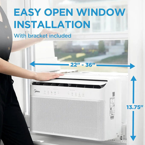 Smooth Cooling 12000 Btu U Shaped Smart Inverter Window Air Conditioner installation in a window with easy open design.