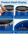 Go-To Outdoor Rain Barrel Rain Drum detail with steel hoop, lock design, airtight seal, and vent hole.