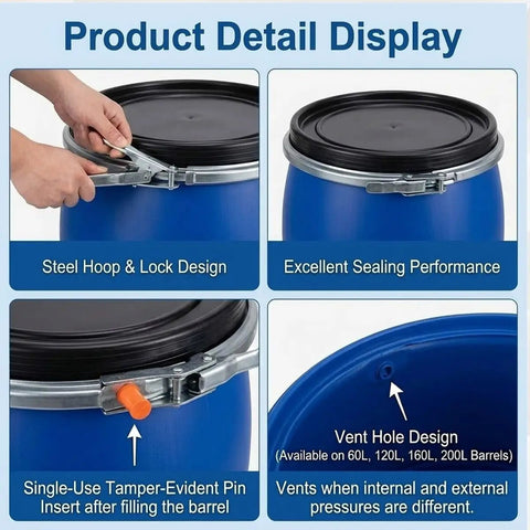 Go-To Outdoor Rain Barrel Rain Drum detail with steel hoop, lock design, airtight seal, and vent hole.
