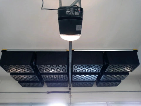 Overhead Garage Storage System With One Or Two Six Tote Sets Using Greenmade 27 Gallon Totes Sold By Costco Patent Protected Design