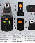 Dead On 4 In 1 Wall Laser Level Kit Featuring Bright Green Line And Integrated Dust Collection Mount For Slick Home Renovation And Precision Woodworking Builds with labeled features.